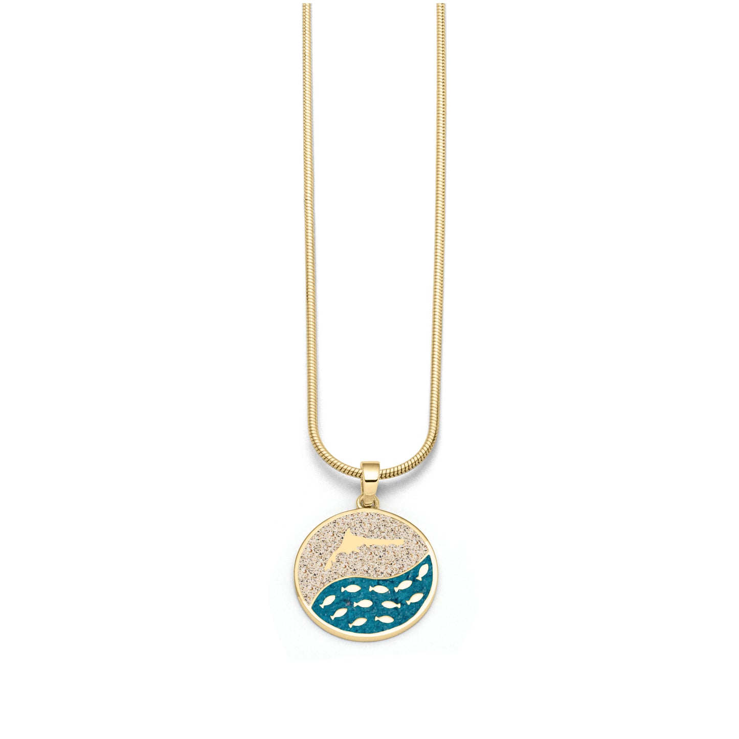 Gold-plated pendant "Fischschwarm" with sand design and fish motif on a sleek chain.